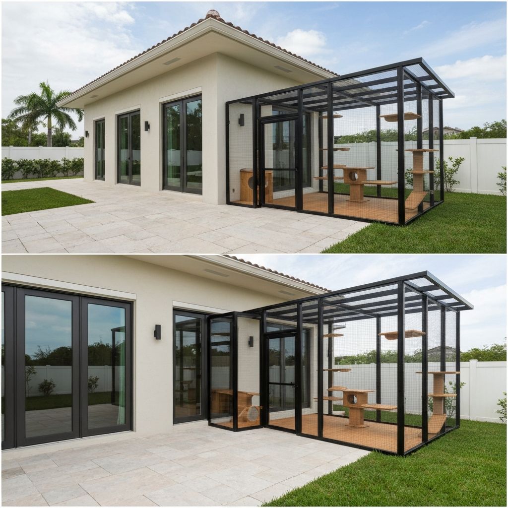 Before and after comparison of a luxury patio transformed into a custom catio — after